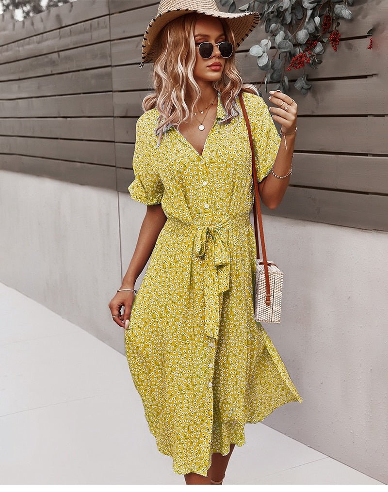 Svea - Sommerkleid - Knopfleiste und Gürtel - Kleider - Gelb - Müller Mode