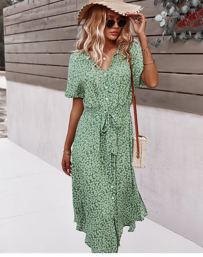 Svea - Sommerkleid - Knopfleiste und Gürtel - Kleider - Grün - Müller Mode